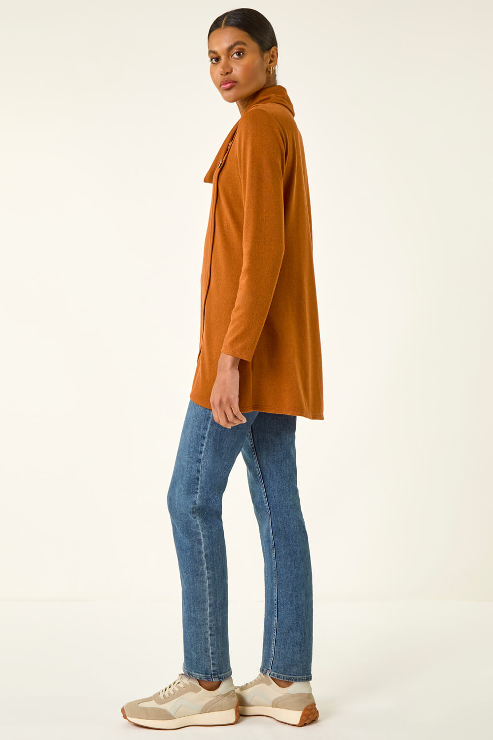 ORANGE Cowl Neck Wrap Tunic Stretch Top, Image 4 of 5