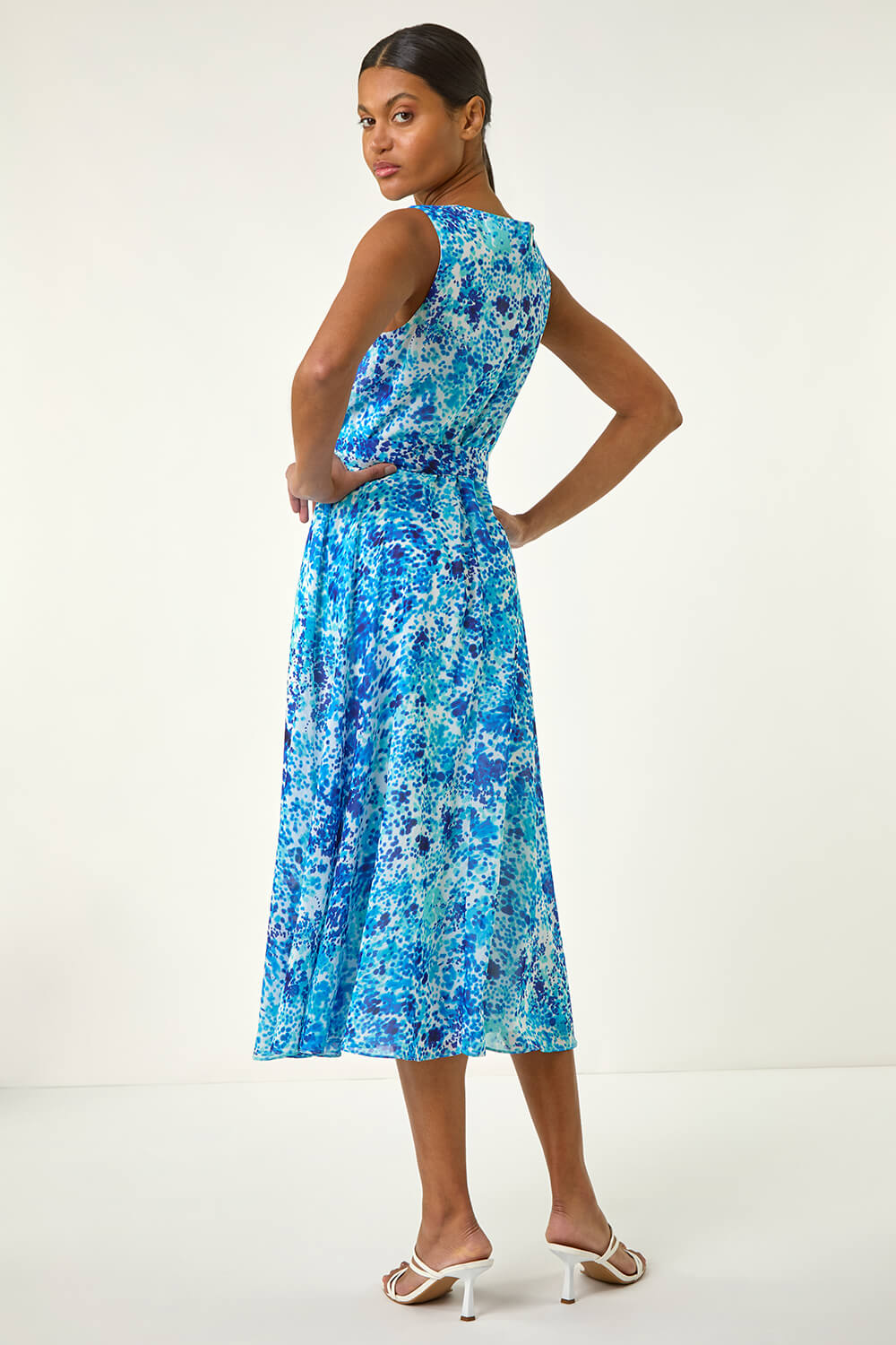Blue Spot Print Pleated Chiffon Dress, Image 4 of 5
