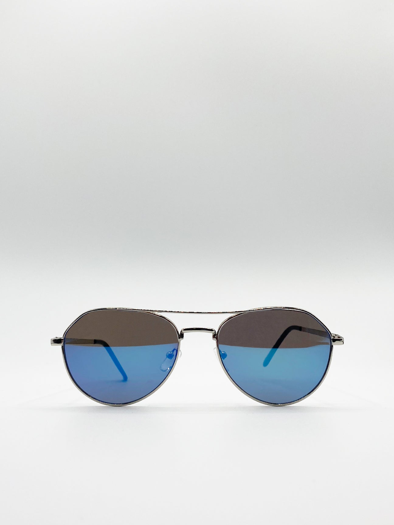 Metallic Silver Aviator Sunglasses With Blue Mirrored Lenses