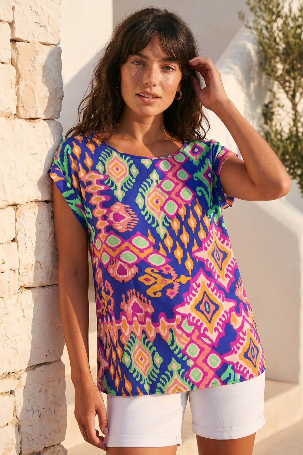 Blue Aztec Print Short Sleeve Top, Image 1 of 4