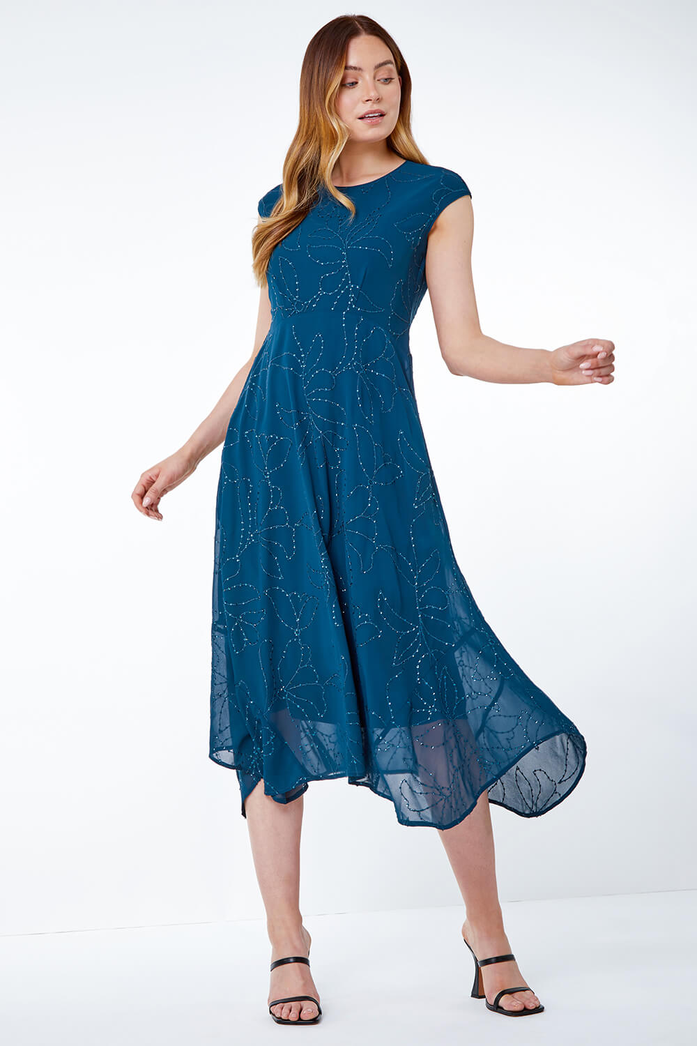 Teal Embroidered Sequin Chiffon Hanky Hem Dress, Image 3 of 5
