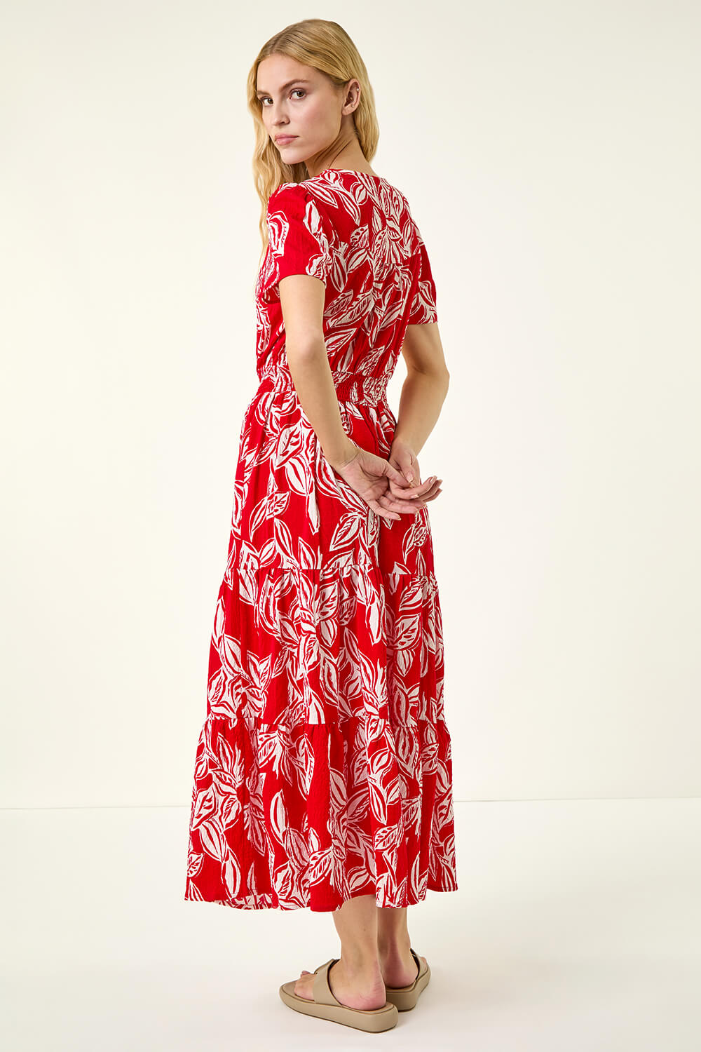 Red Leaf Print Shirred Maxi Dress, Image 4 of 5