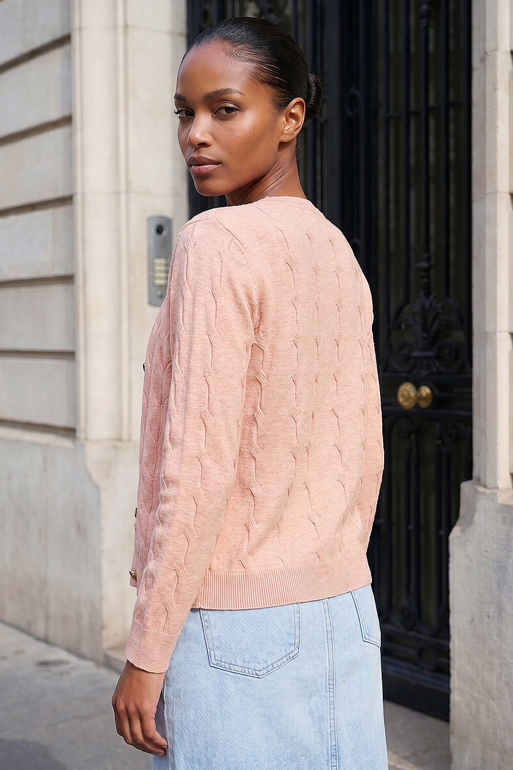Light Pink Textured Cable Knit Cardigan, Image 4 of 4