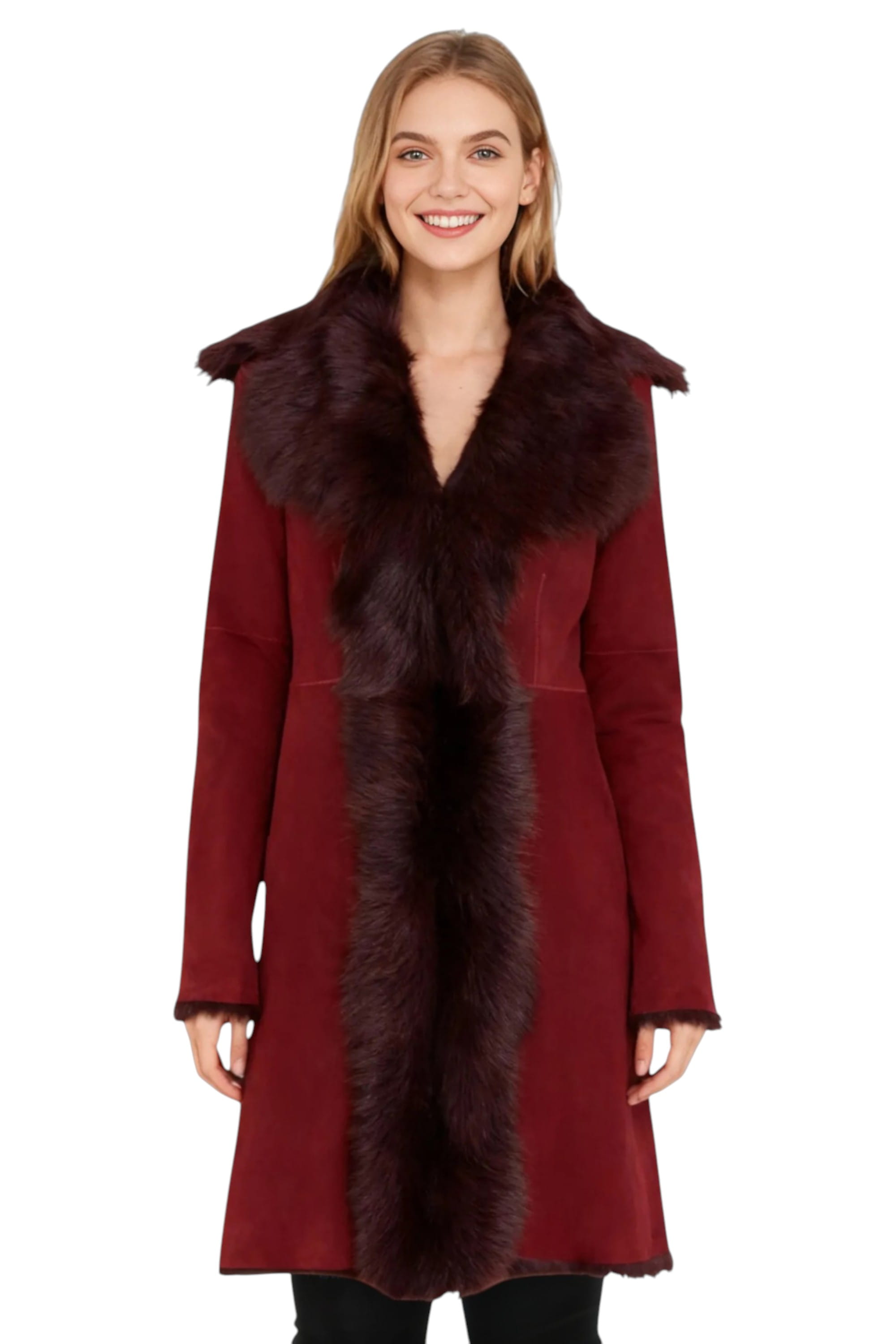 Burgundy Toscana Sheep Suede Leather Trench Coat, Image 1 of 7