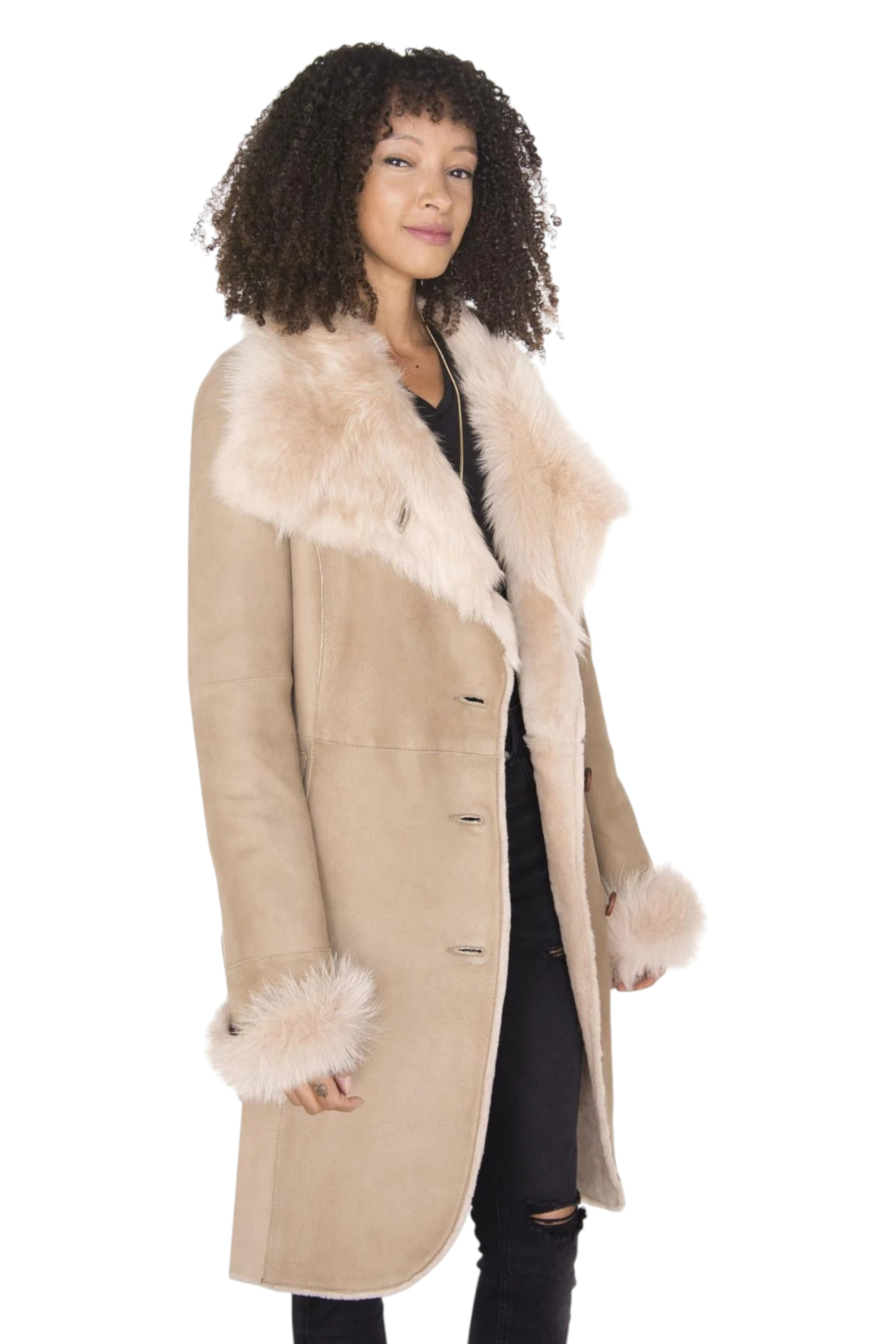 Beige Toscana Collar Merino Shearling Coat, Image 3 of 4