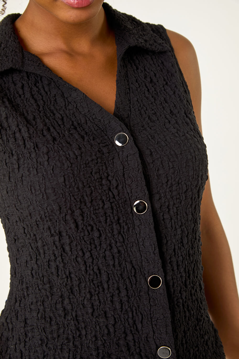 Black Textured Sleeveless Buttoned Blouse, Image 6 of 5