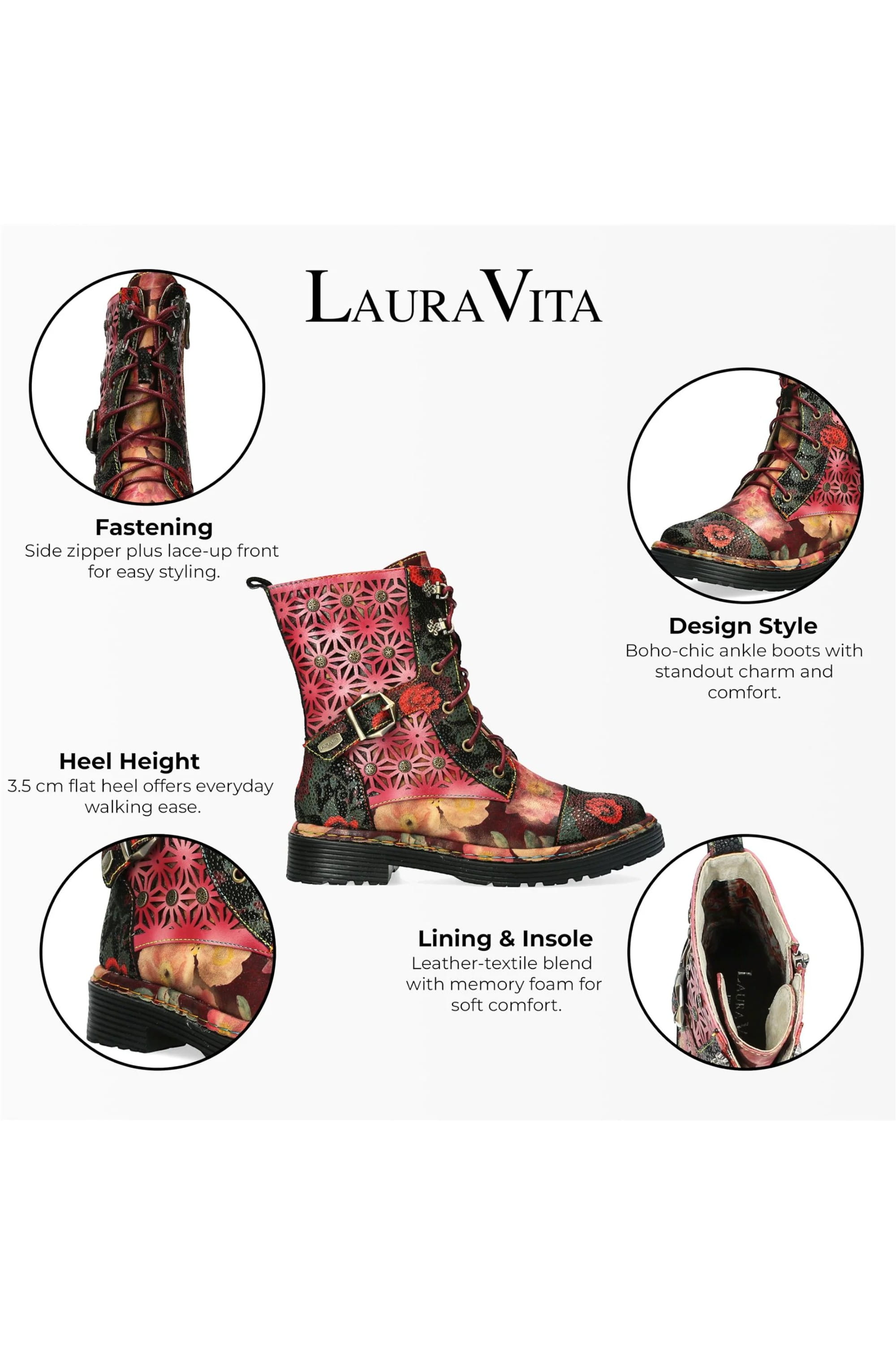 Red Womens Gothic Ankle High Boots-INCAS-036, Image 3 of 7