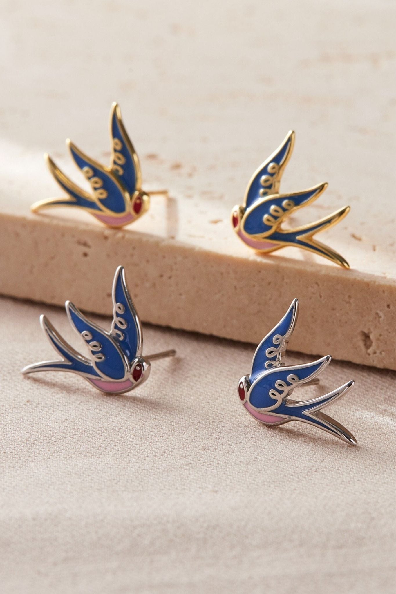Metallic Sterling Silver Blue Swallow Bird Stud Earrings