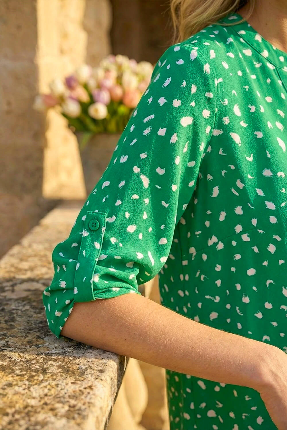 Green Abstract Spot Print V-Neck Tunic Top, Image 5 of 4