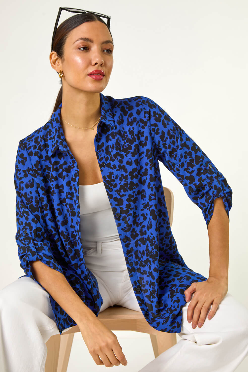 Curve animal print mesh ruffle blouse