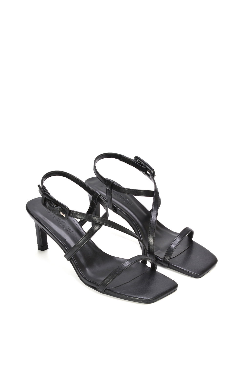 Black XY LONDON Black 'Gabriella' Square Toe Mid Stiletto Heel Sandals With Adjustable Strap, Image 5 of 5