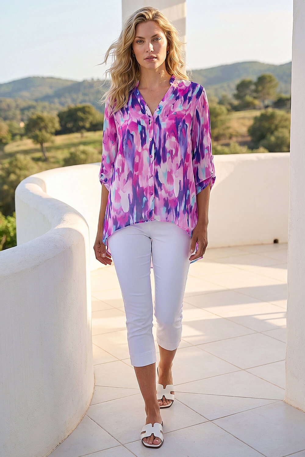 Purple Blurred Print Frill Blouse, Image 3 of 4