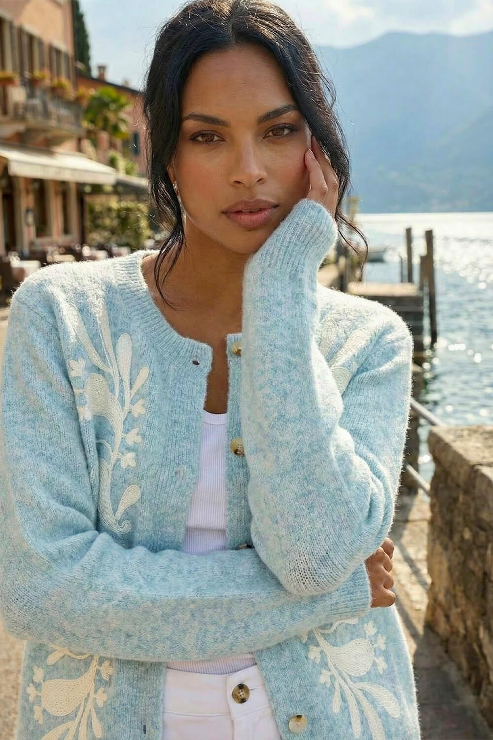 Light Blue Floral Buttoned Knit Cardigan, Image 3 of 4