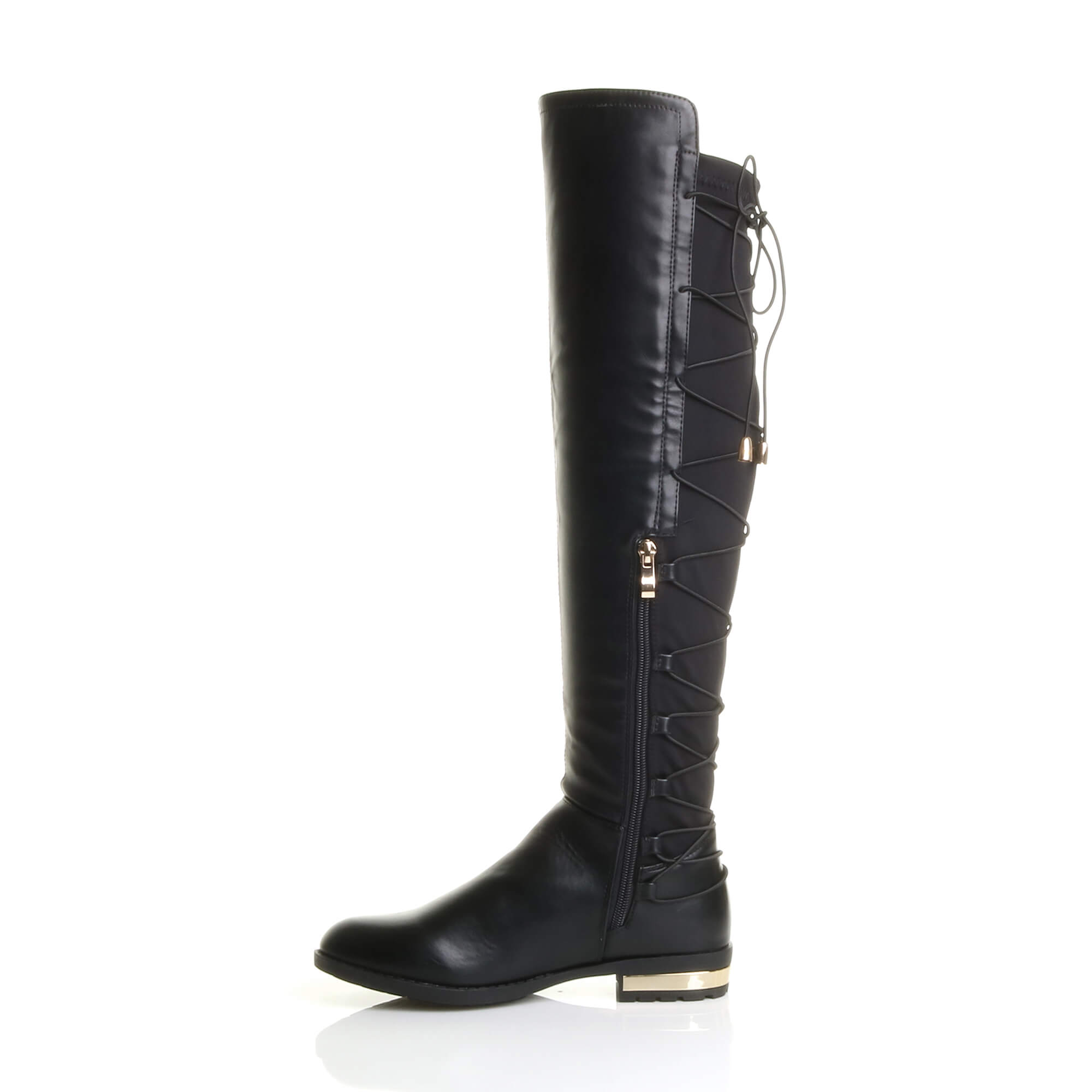 Black AJVANI Black Elastic Tie Up Riding Knee High Boots, Image 3 of 6