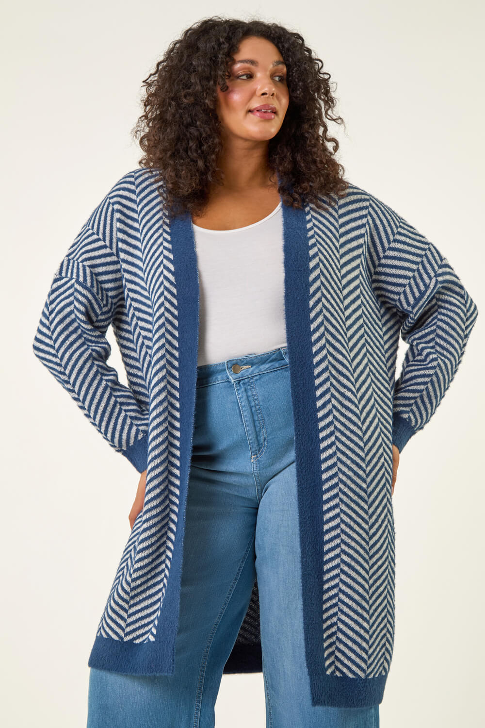 Navy Curve Chevron Fluffy Knit Cardigan, Image 5 of 5
