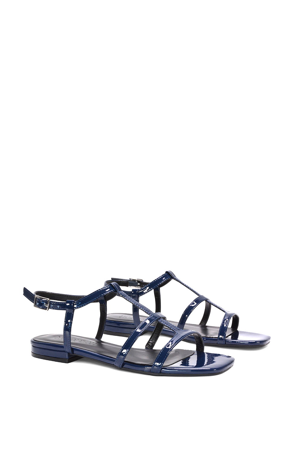 Navy XY LONDON Navy 'Danielle' Flat Strappy Caged Square Toe Sandals With Buckle, Image 3 of 6