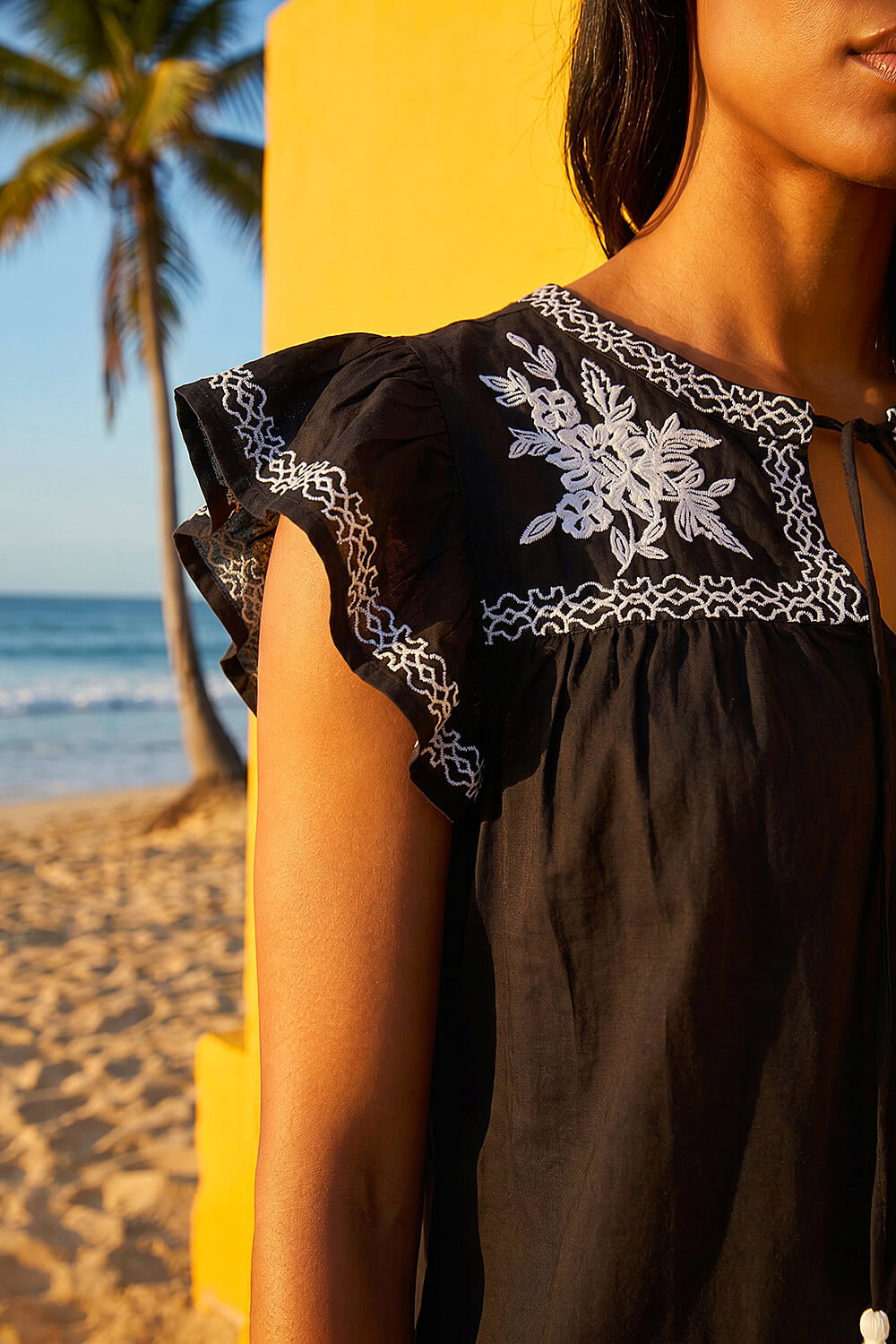 Black Embroidered Tie Front Top, Image 5 of 4
