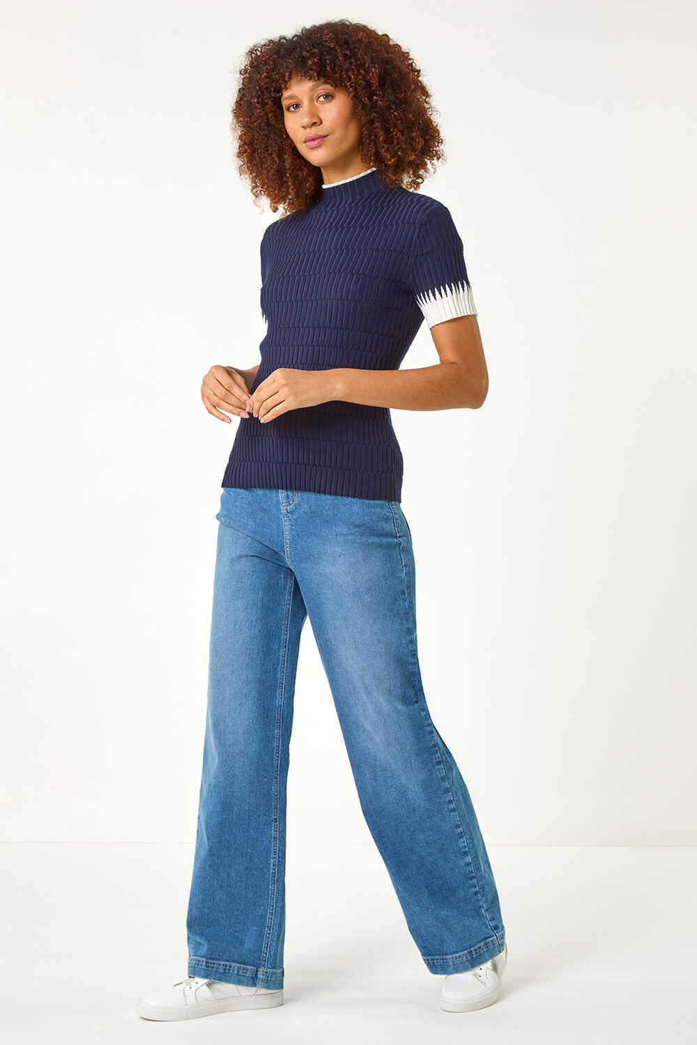 Contrast Checkered Collar Ribbed Knit Top