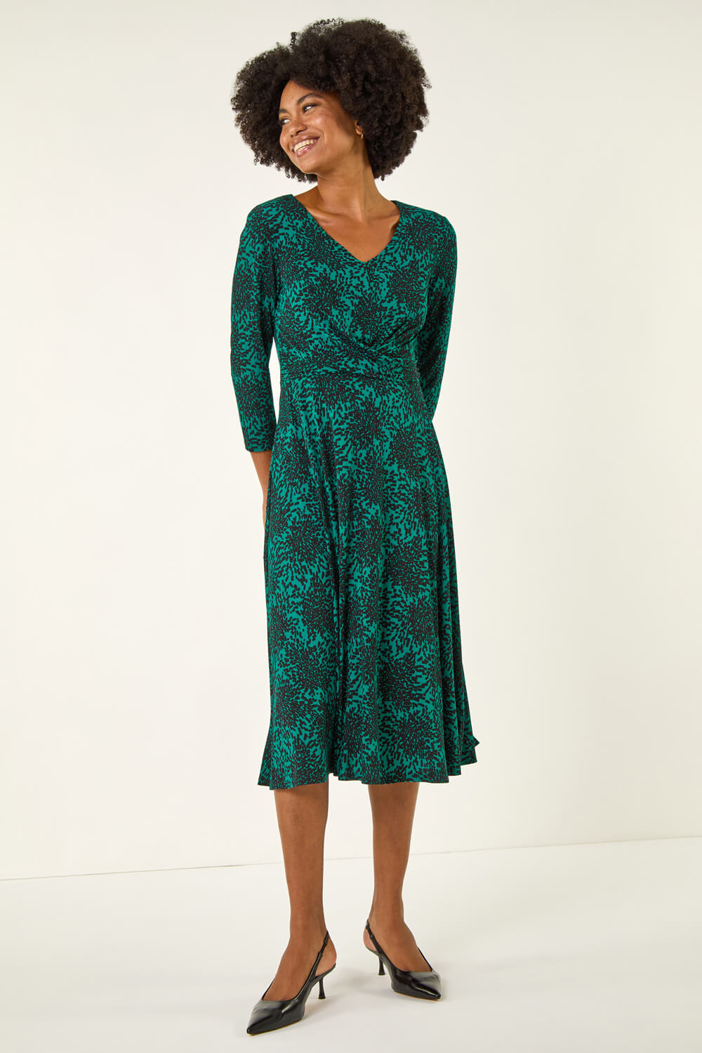 Teal Speckled Print Wrap Bodice Midi Dress, Image 1 of 5