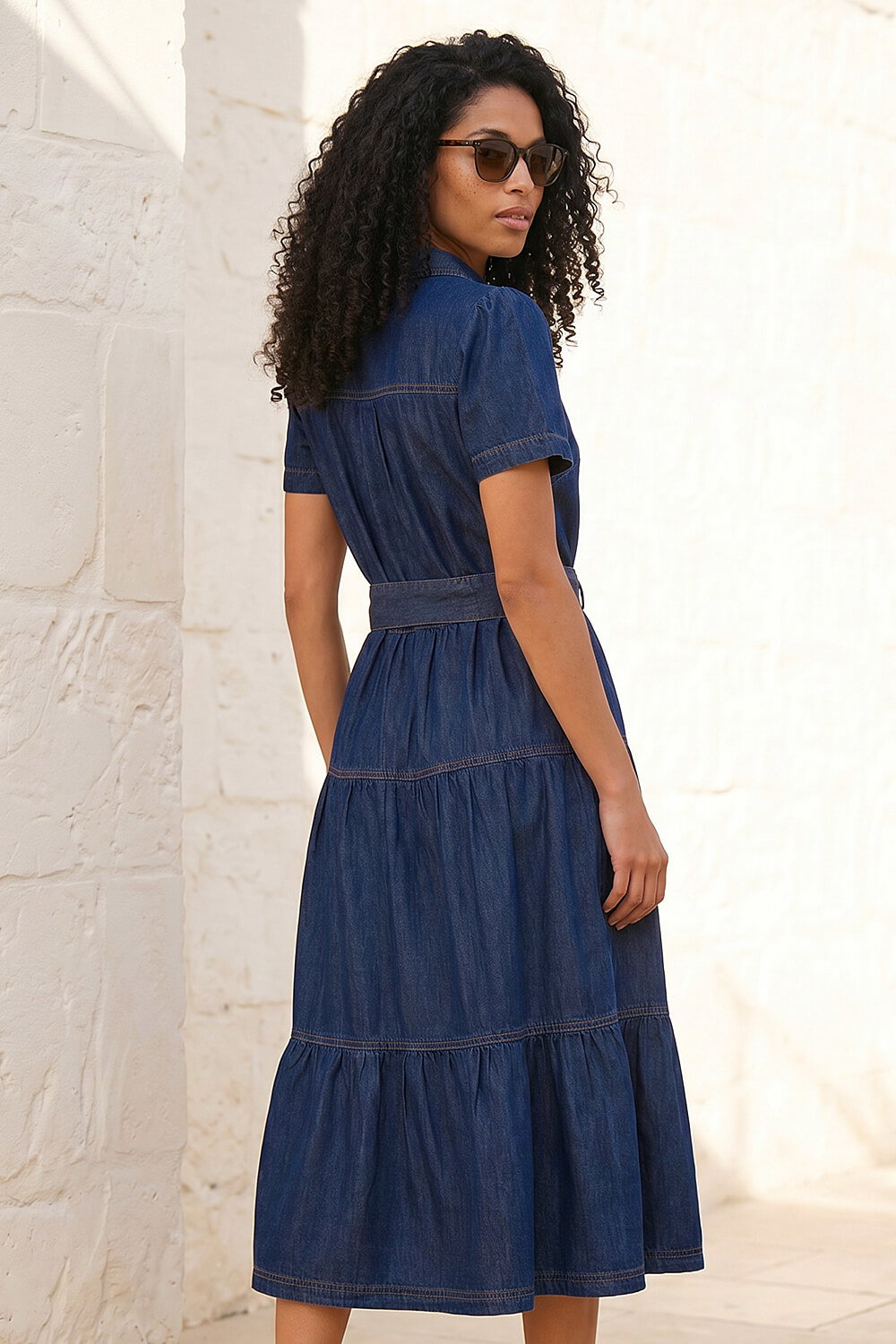 Blue Denim Tiered Cotton Midi Dress, Image 4 of 4