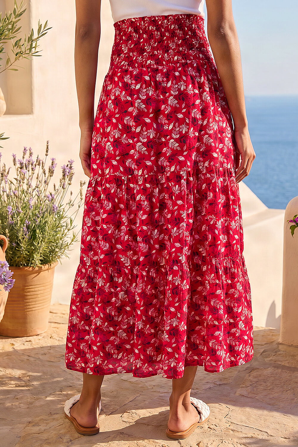 Red Abstract Print Shirred Waist Maxi Skirt , Image 4 of 4