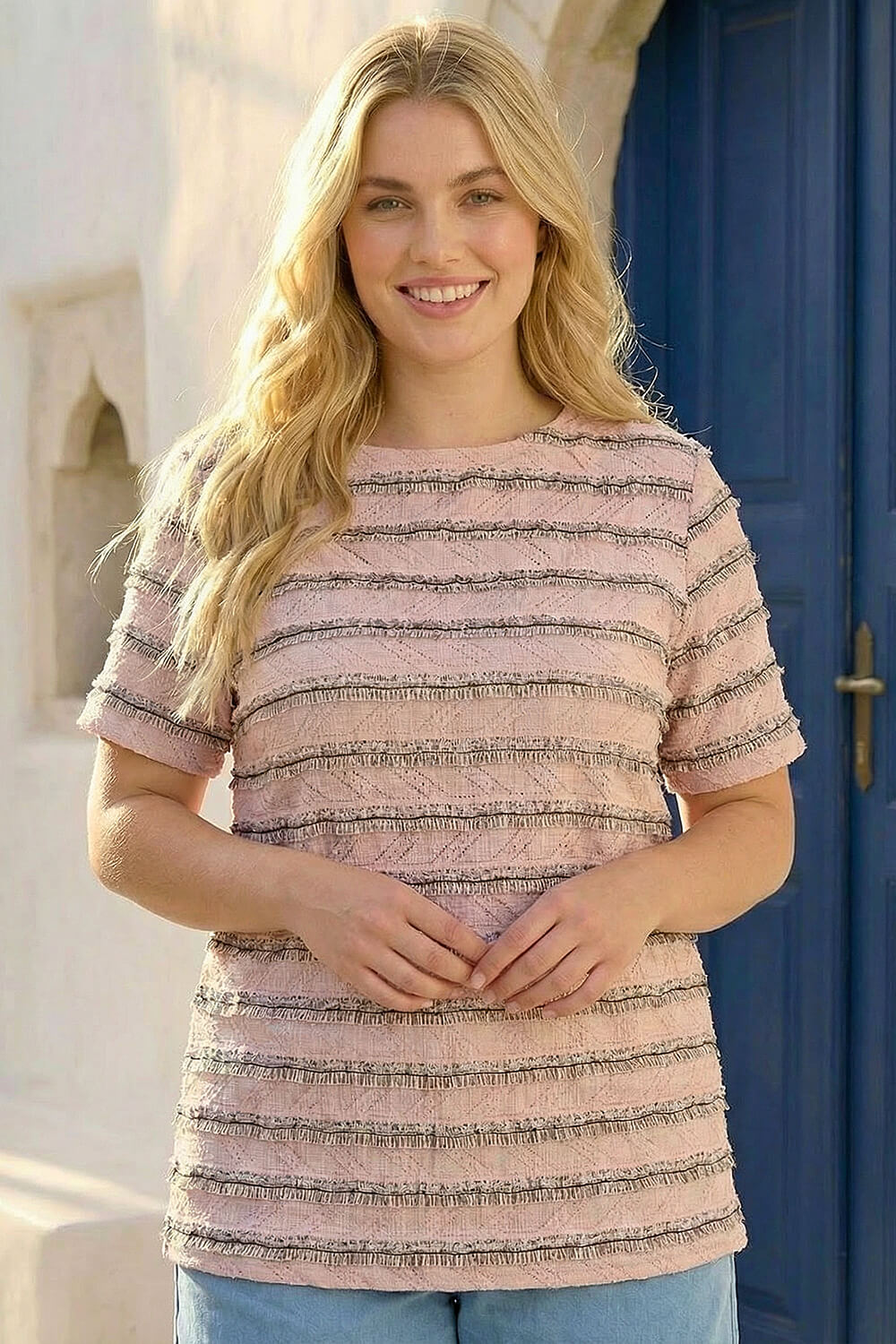 Roman Curve Women's Pink Stripe Frill Lace Top Size 30-32