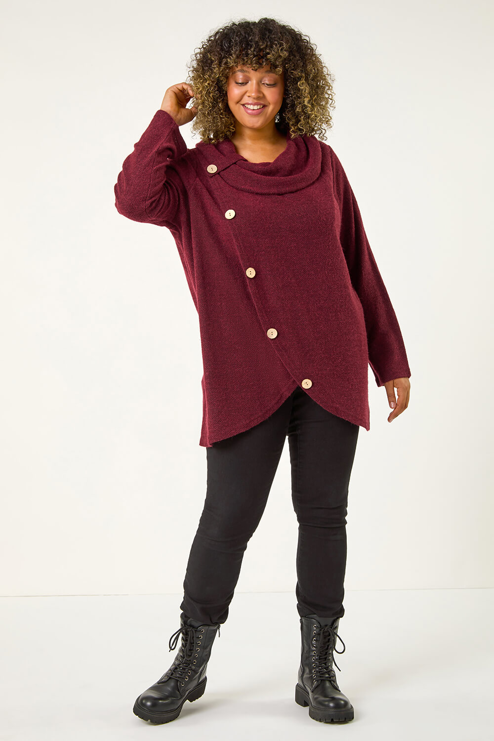 Wine Curve Cowl Neck Button Wrap Top, Image 3 of 5