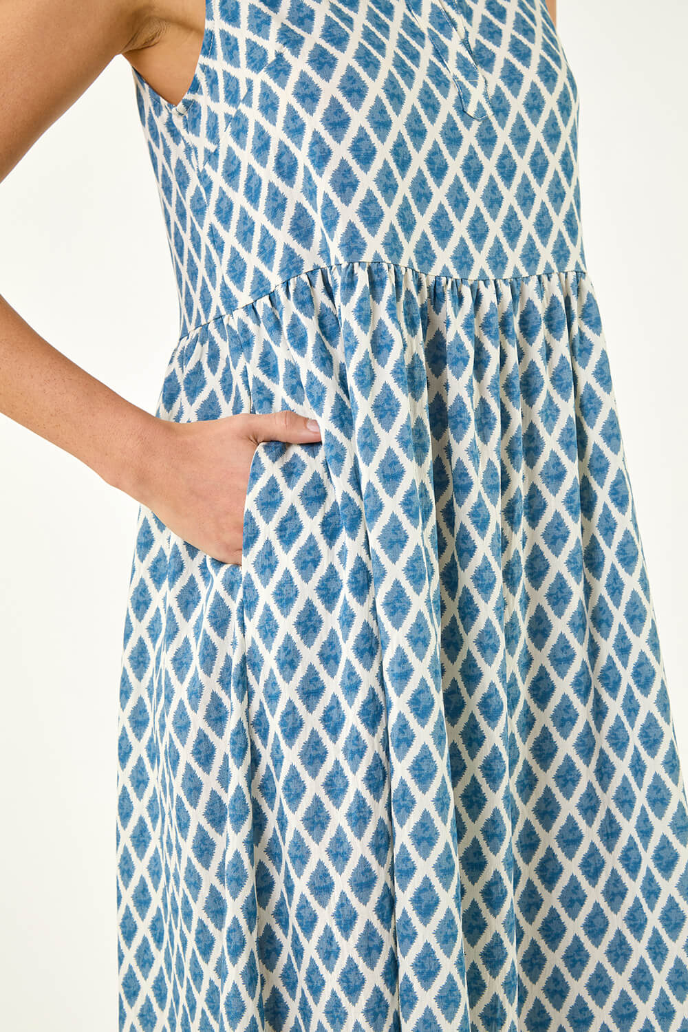 Blue Geometric Diamond Collared Swing Dress, Image 6 of 5