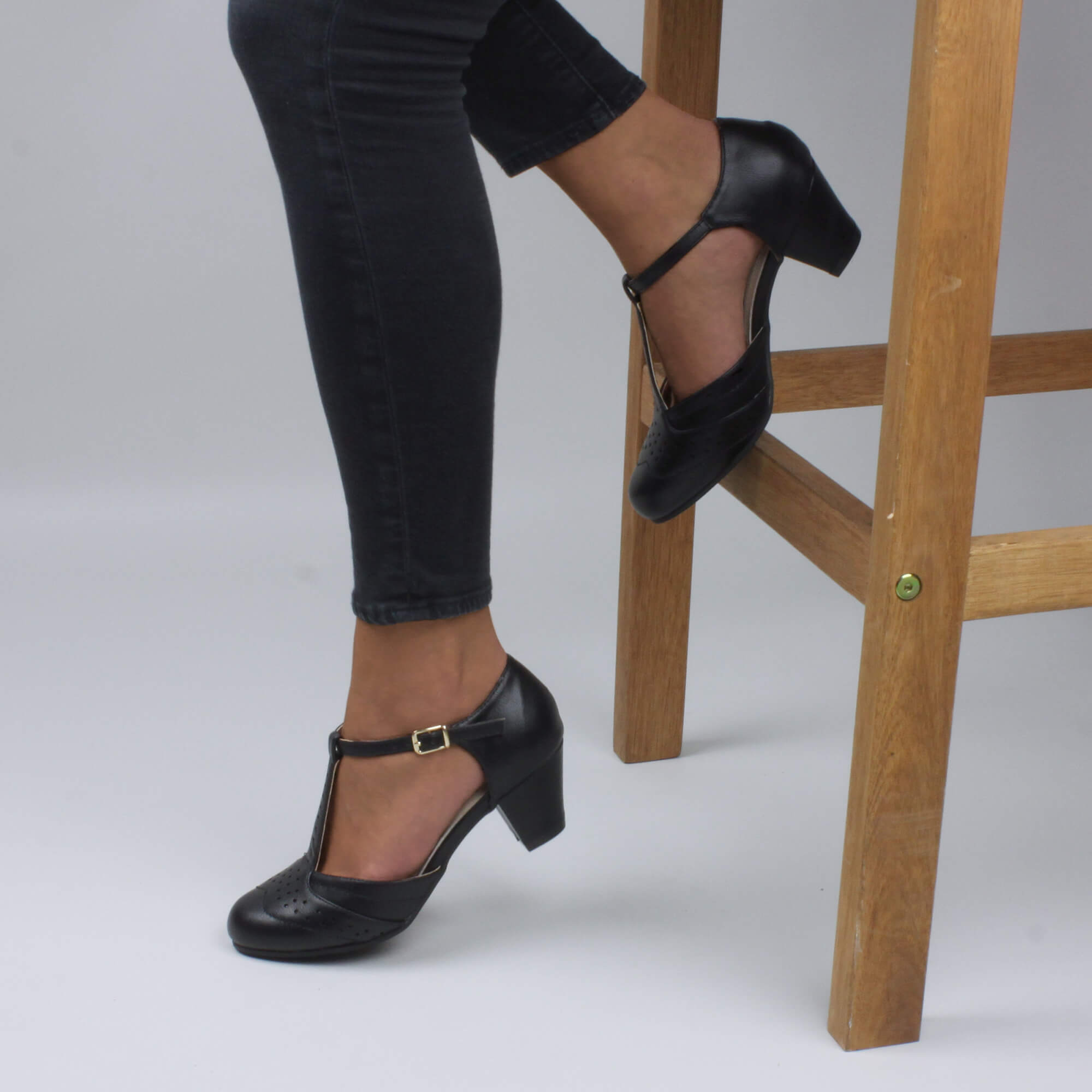 Black AJVANI Black Mid Heel Comfort T-Bar Brogue Heels, Image 5 of 6