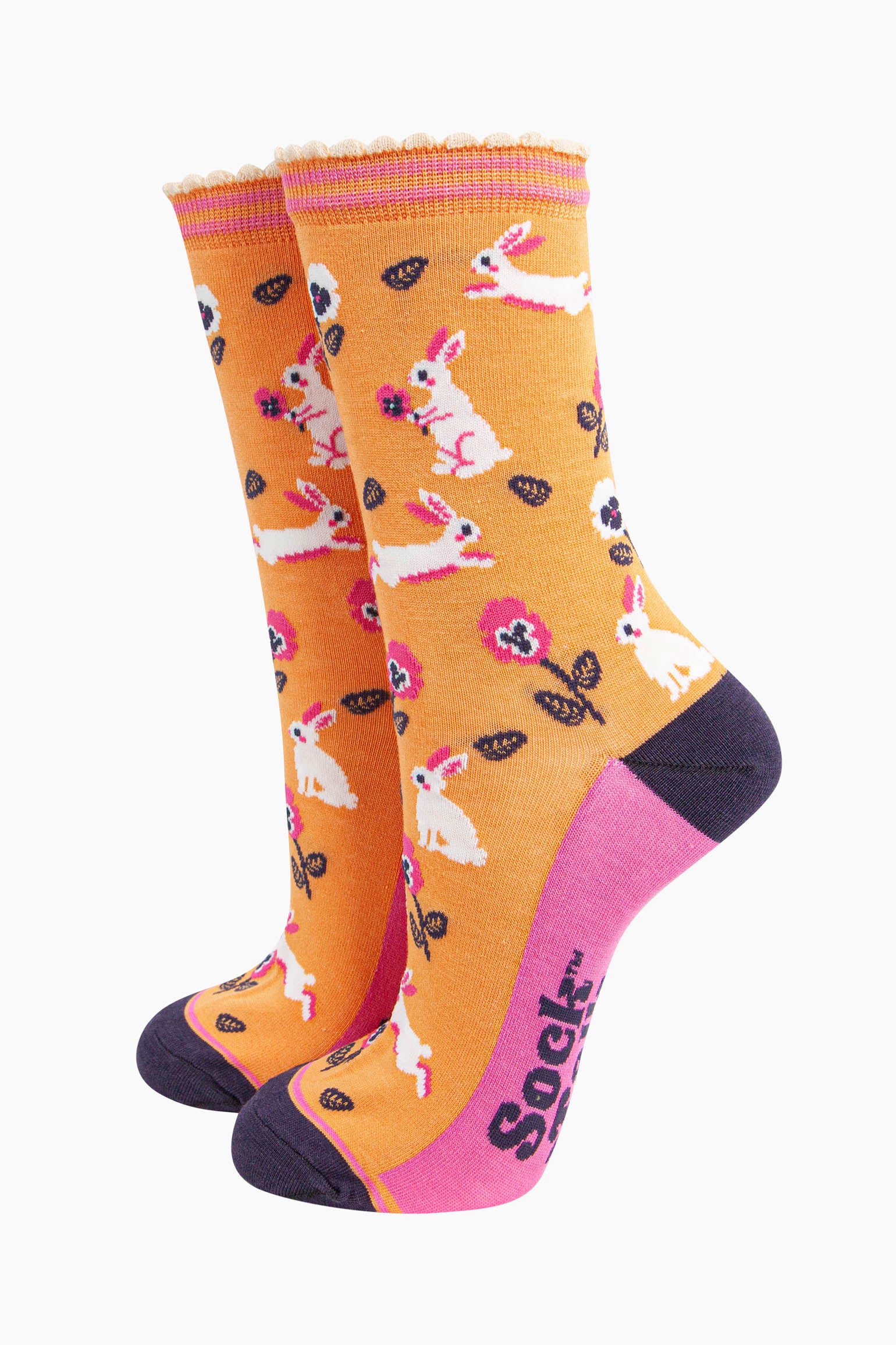 Pink Bunny Rabbit Floral Bamboo Socks