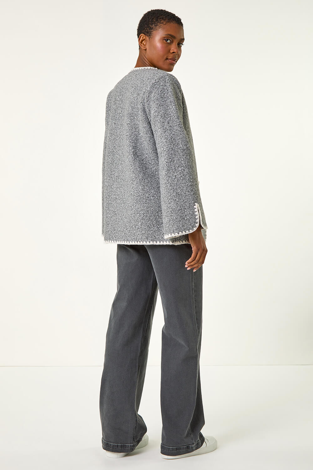 Grey Contrast Blanket Stitch Jacket, Image 4 of 5