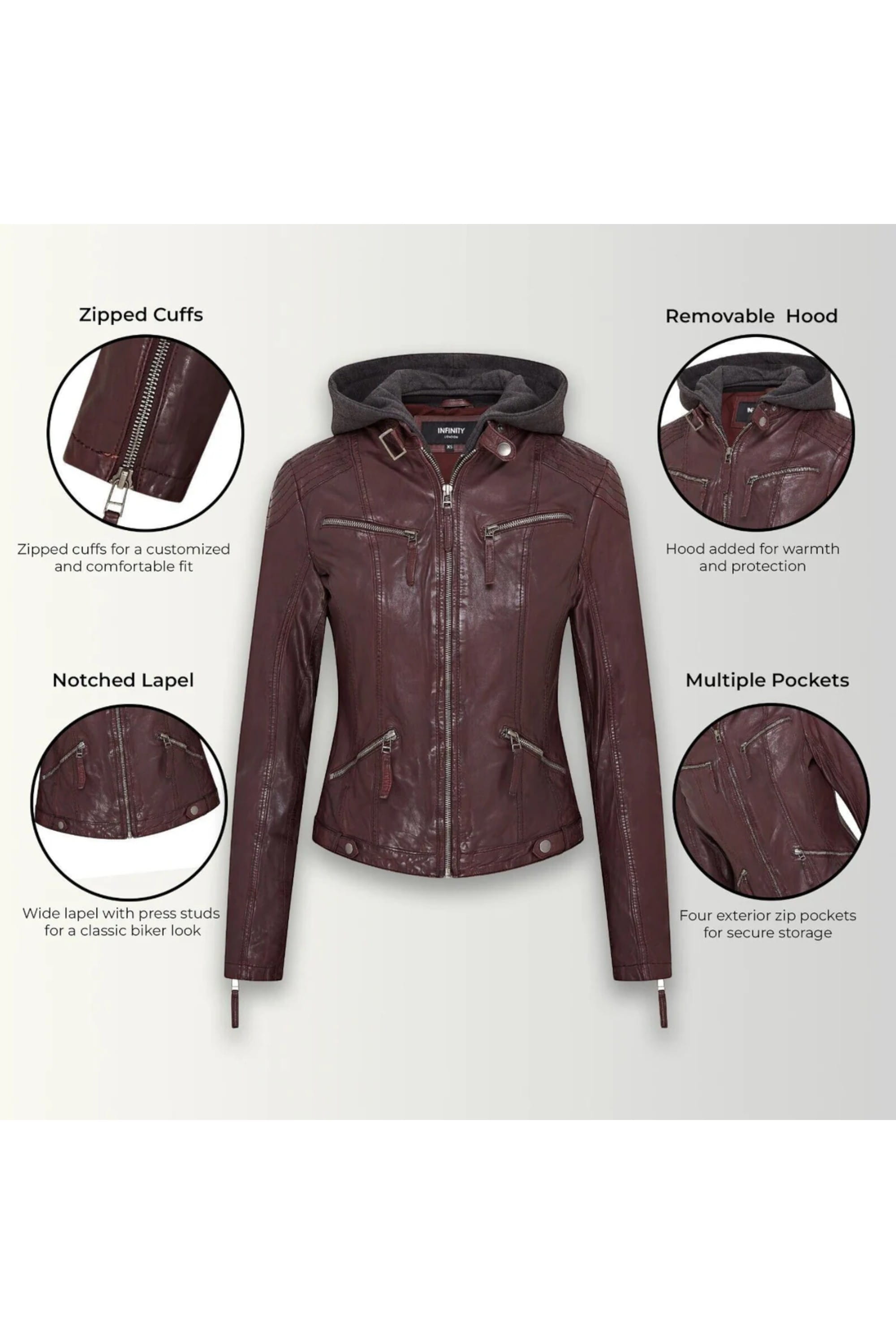 Burgundy Womens Hooded Biker Jacket - Brazz, Image 3 of 5
