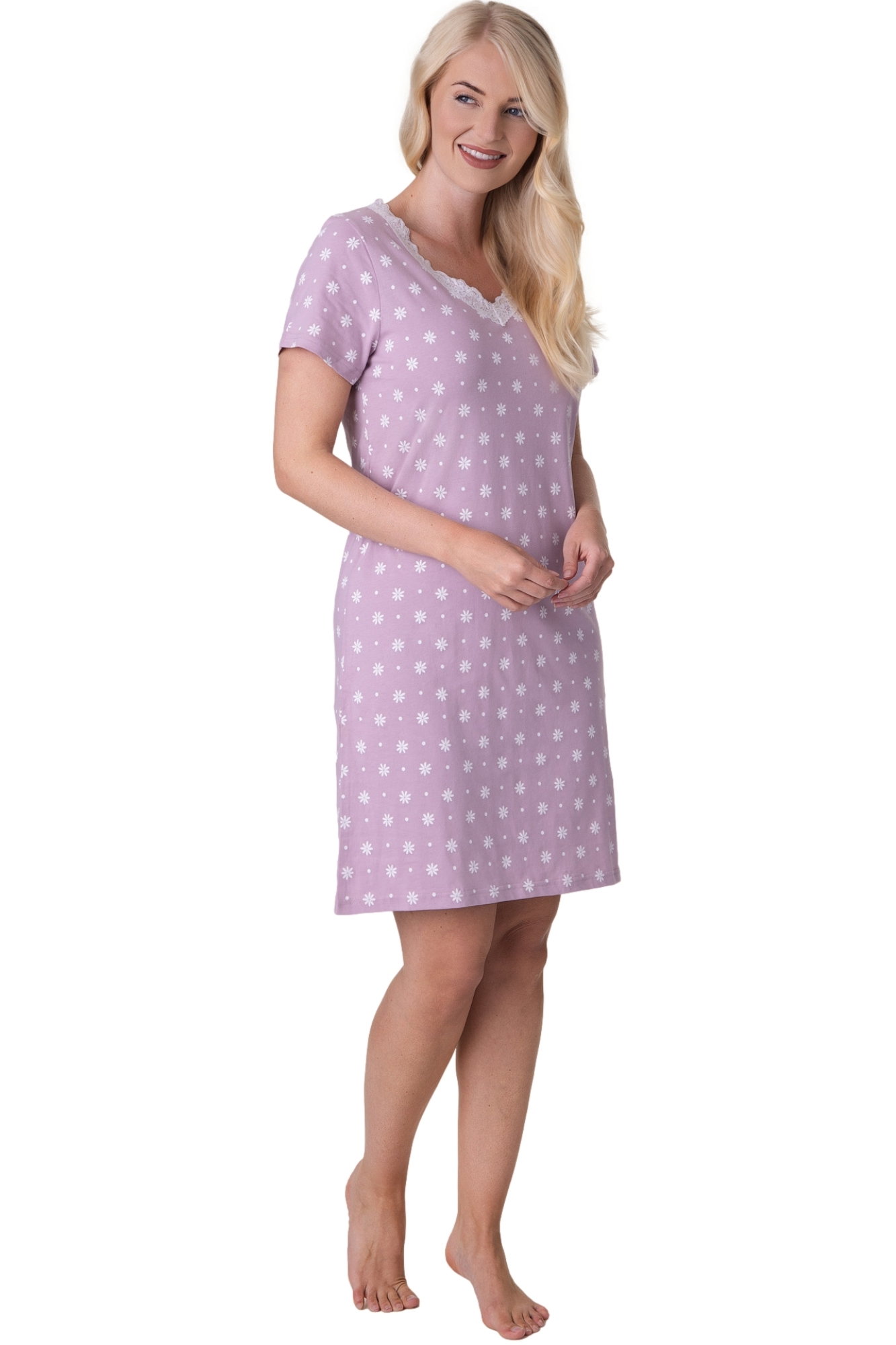 Lilac Floral Dot Print Cotton Nightdress, Image 2 of 5
