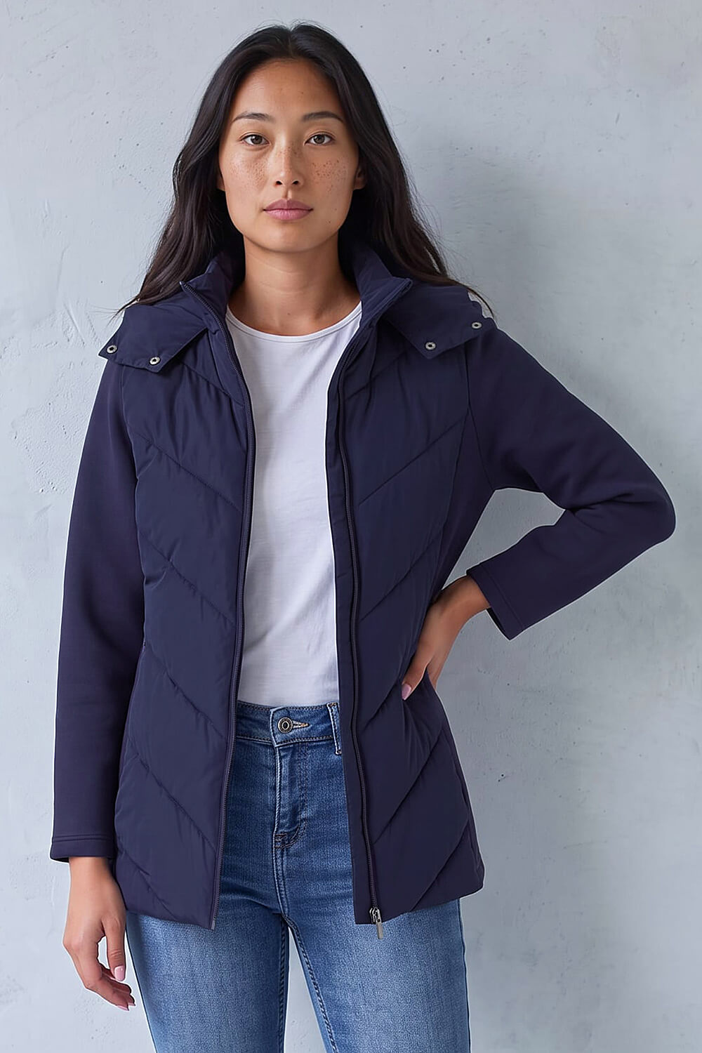 Roman Petite Women's Navy Hooded Chevron Padded Coat Size 18
