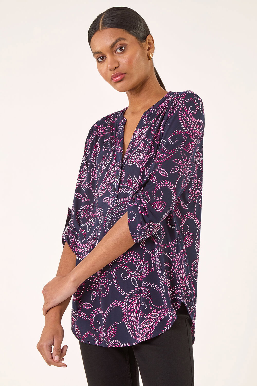 Navy  Leaf Puff Print Stretch Shirt , Image 5 of 5