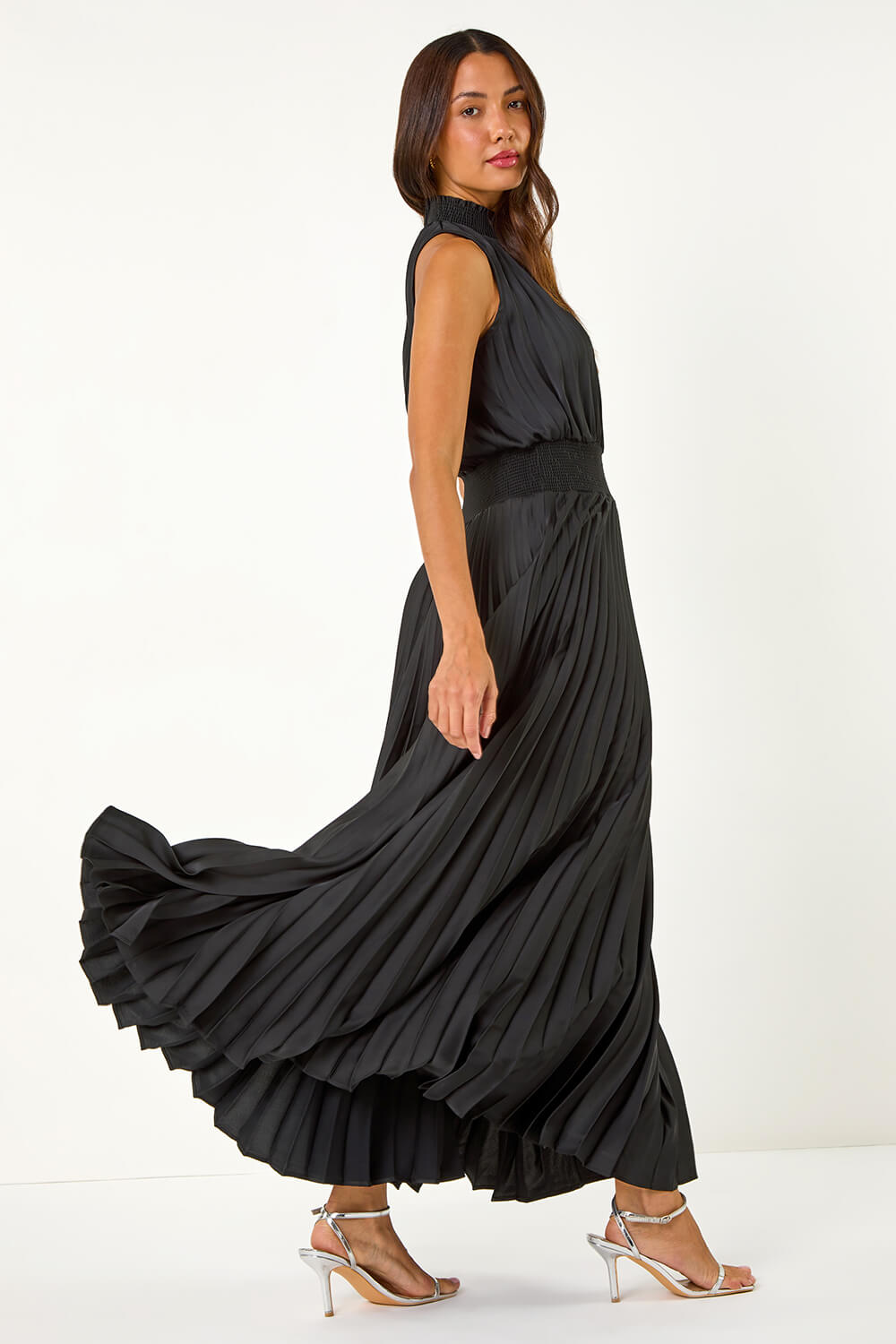 Black Pleated Shirred Halterneck Dress, Image 4 of 5