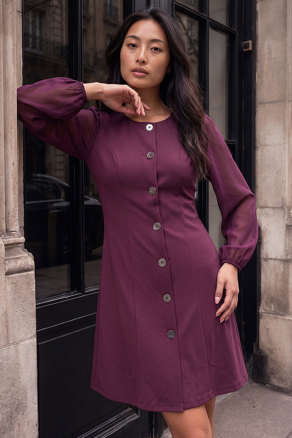 Roman Petite Women's Wine Button Down Dress Size 8