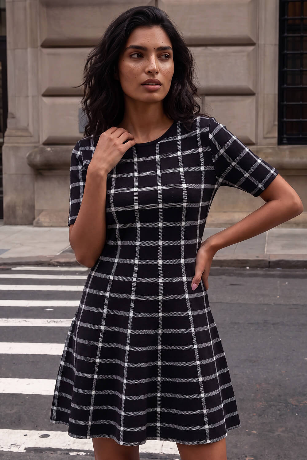 Roman Women's Black Check Print Knitted Dress Size 10