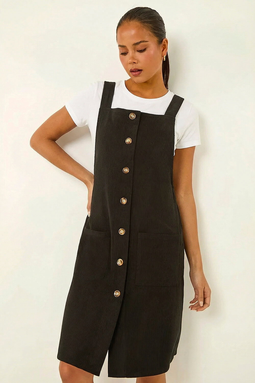 Black Petite Corduroy Pinafore Dress, Image 6 of 6