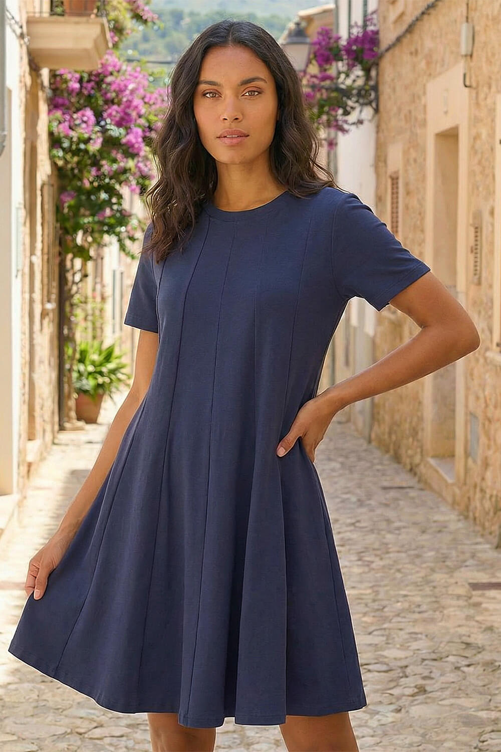 Navy  Cotton Panelled Swing Stretch Dress, Image 4 of 4