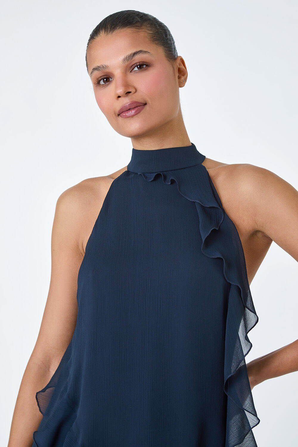 Navy Halter Neck Asymmetric Frill Detail Top, Image 5 of 5