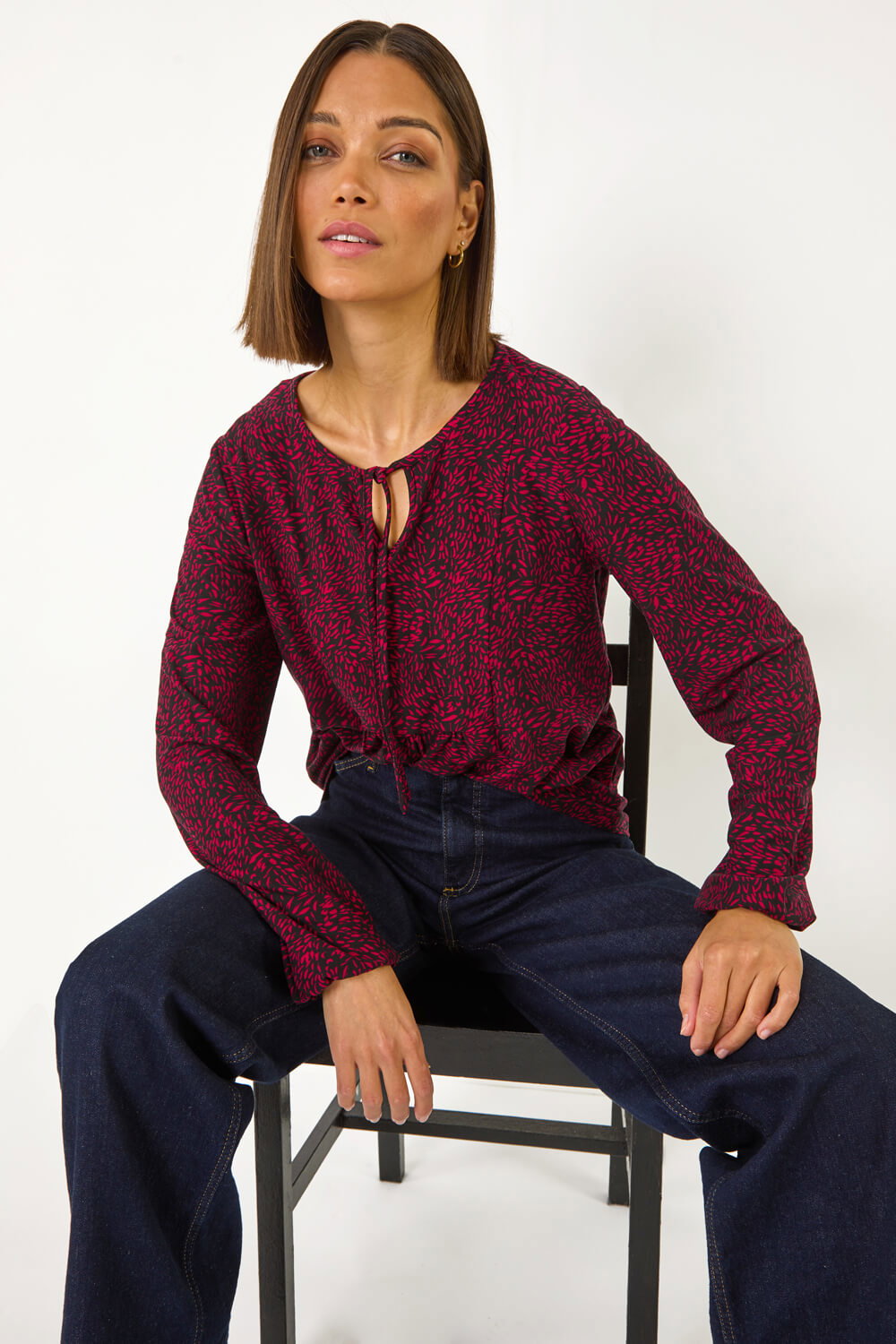 Red Printed Tie Neck Top, Image 1 of 5