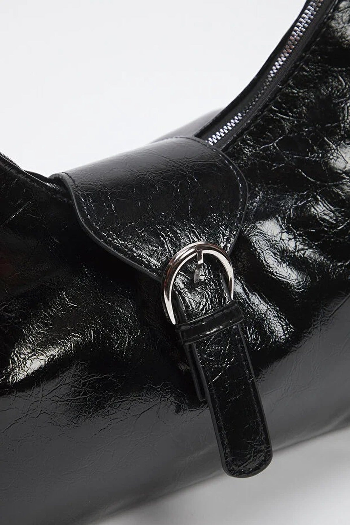 Black Studded Patent Buckle Hobo Shoulder Bag, Image 2 of 5