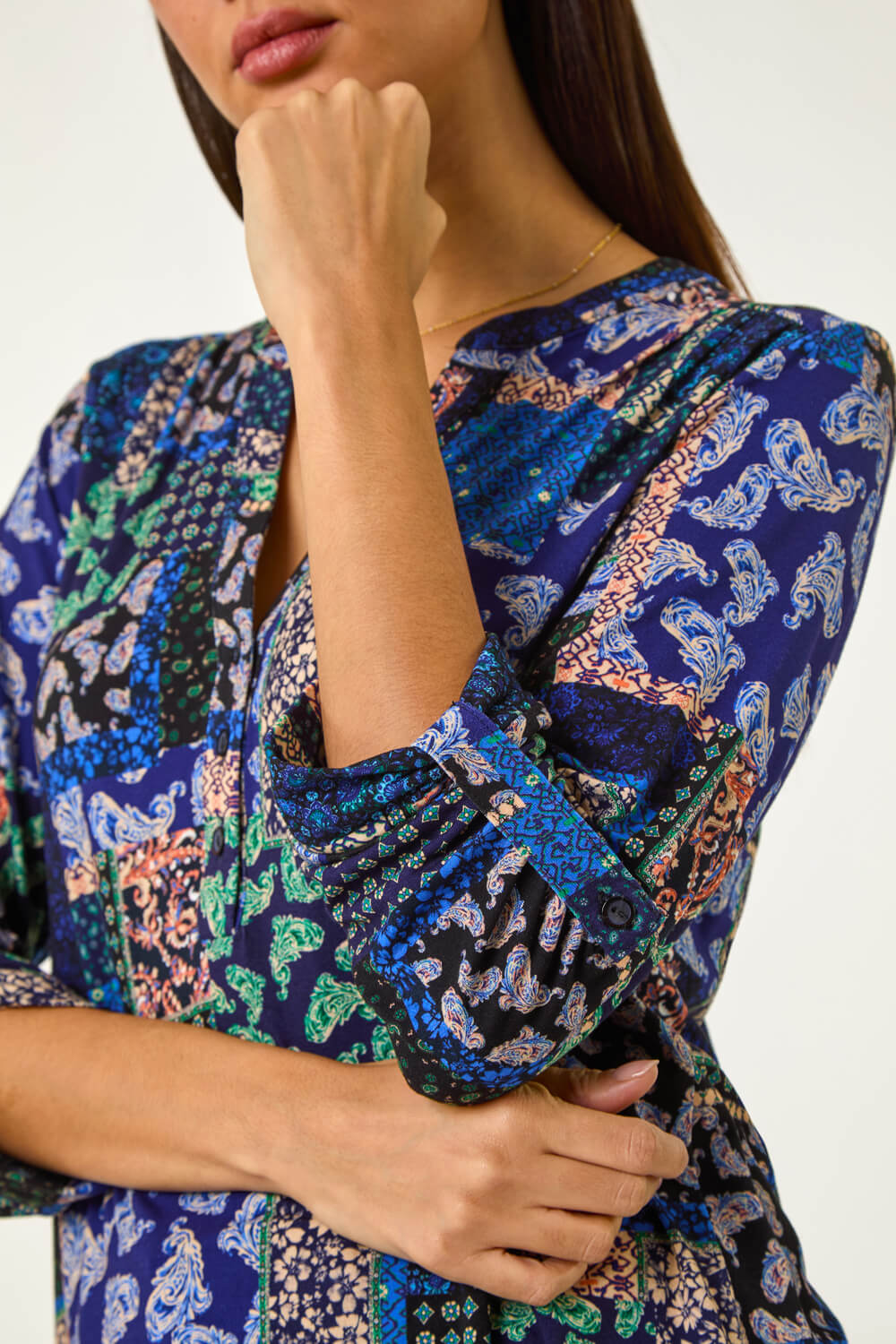 Navy Paisley Contrast Print Stretch Top, Image 6 of 5
