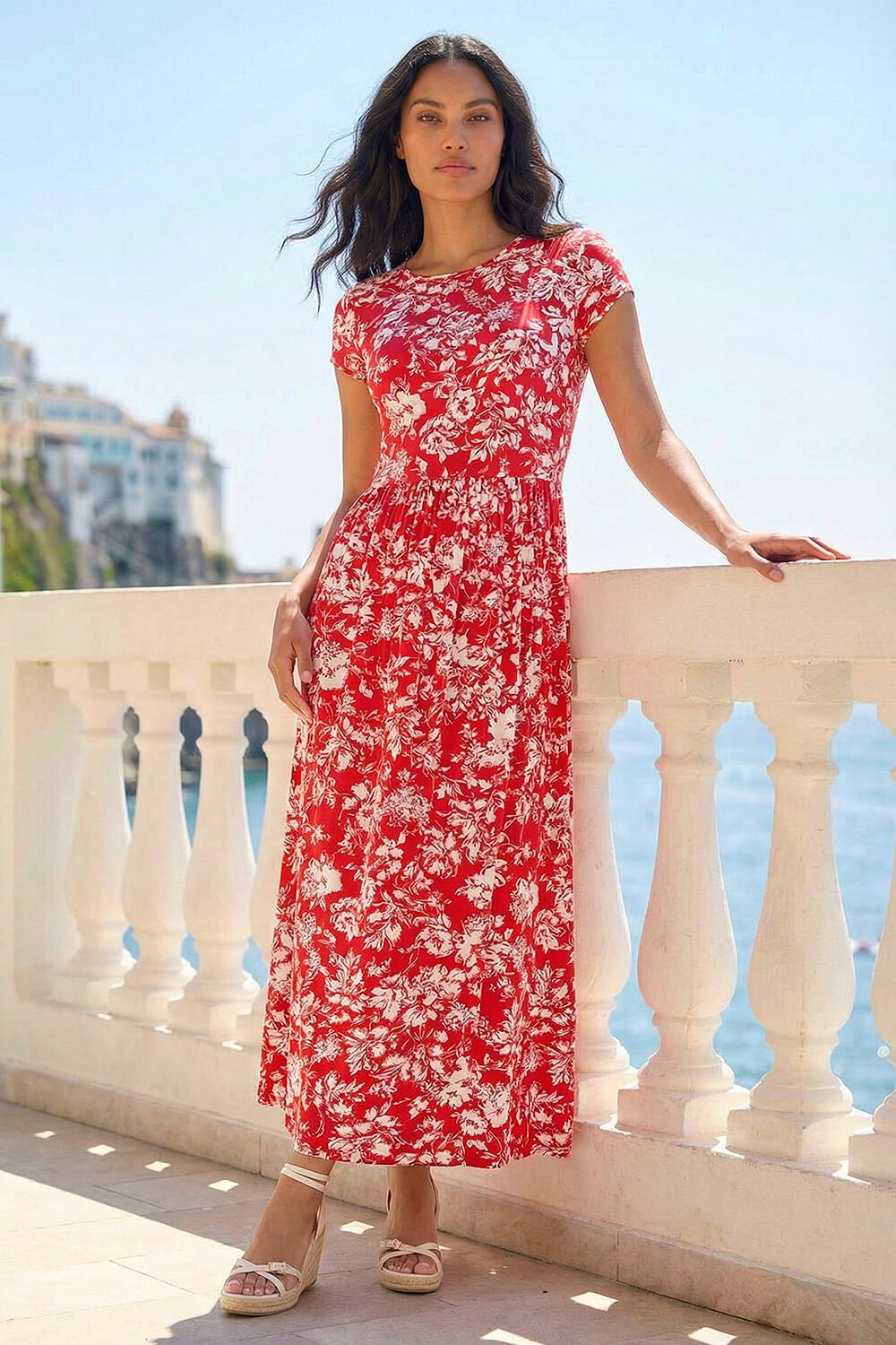 Red Floral Print Stretch Midi Dress | Roman UK Red Floral Print Stretch Midi Dress | Roman UK