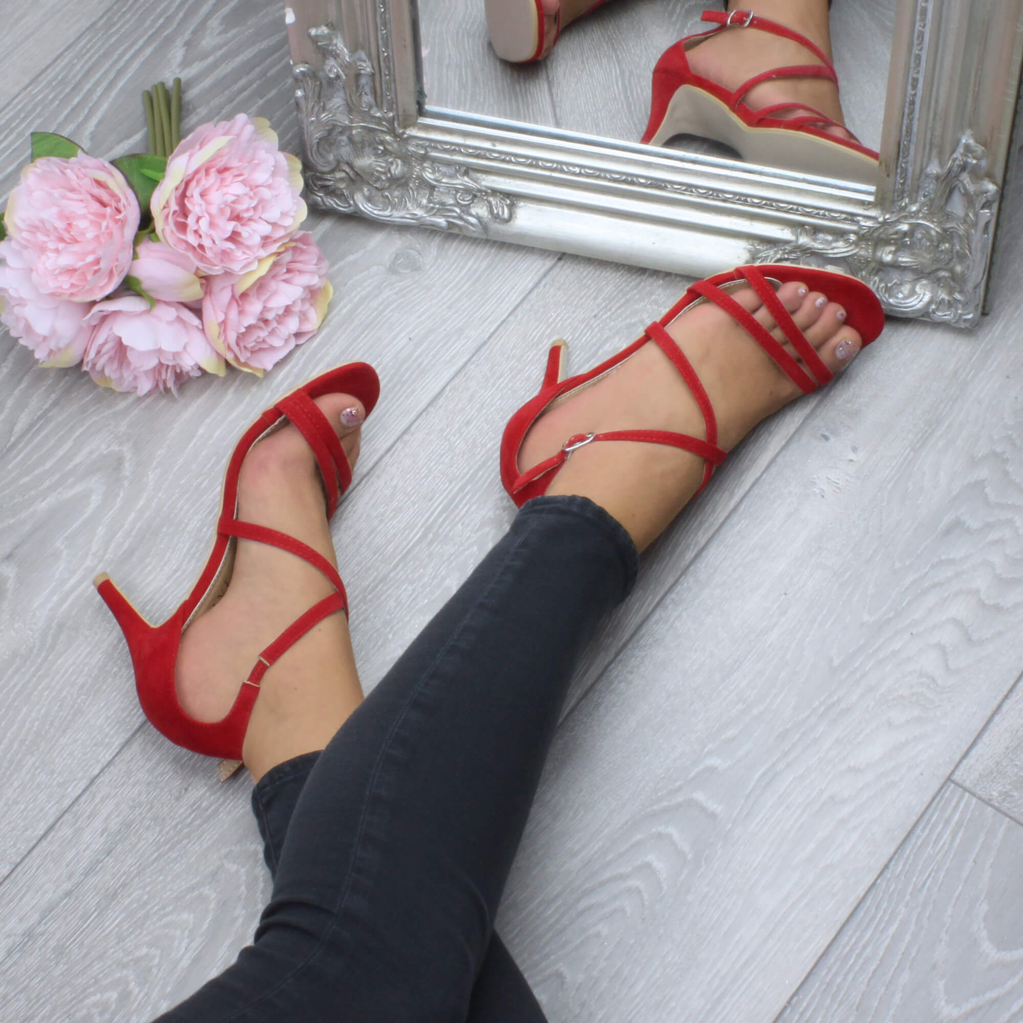 Red AJVANI Red High Heel Crossed Straps Buckle Strappy Sandals, Image 5 of 6