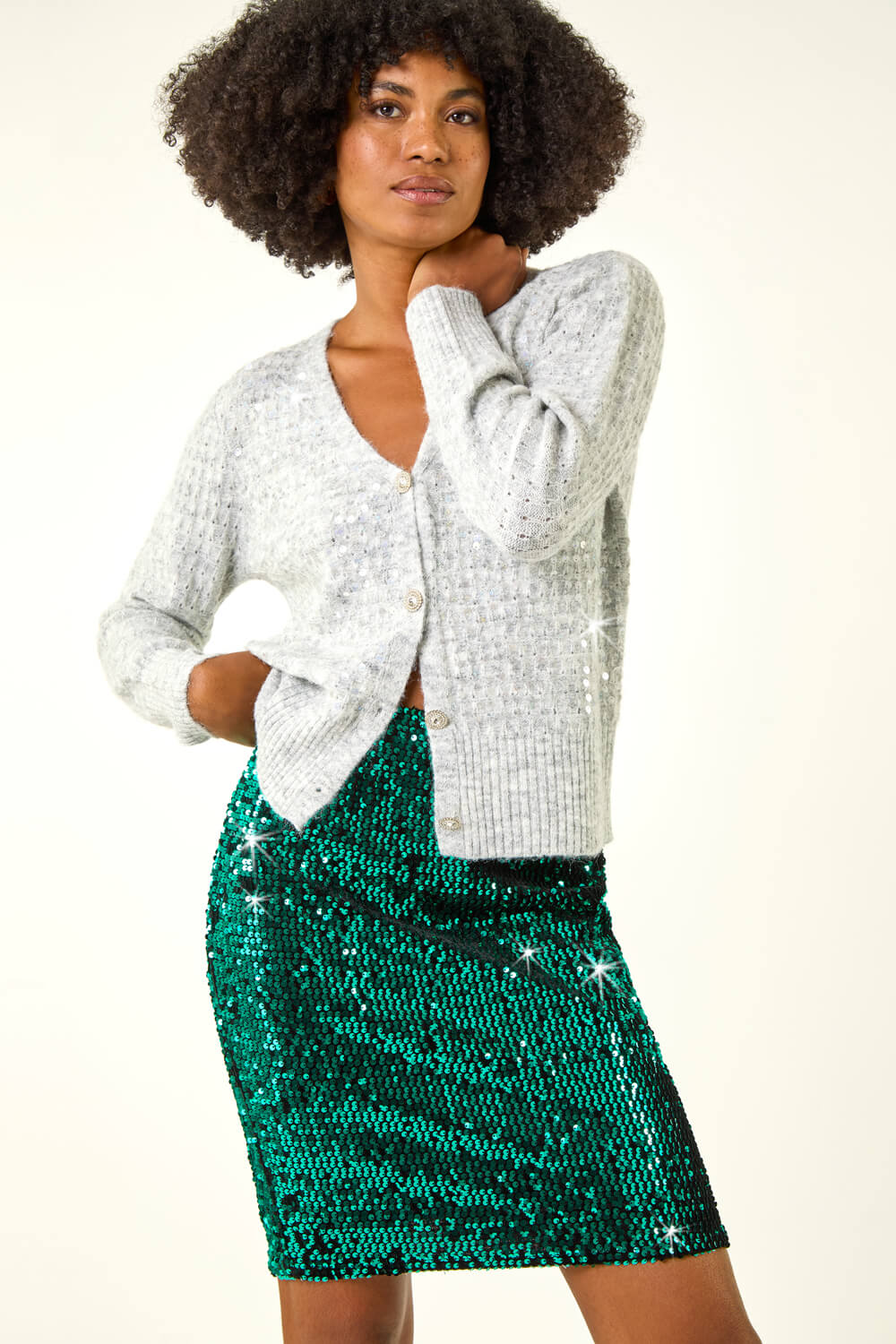 Teal Sequin Embellished Velour Stretch Skirt, Image 3 of 5