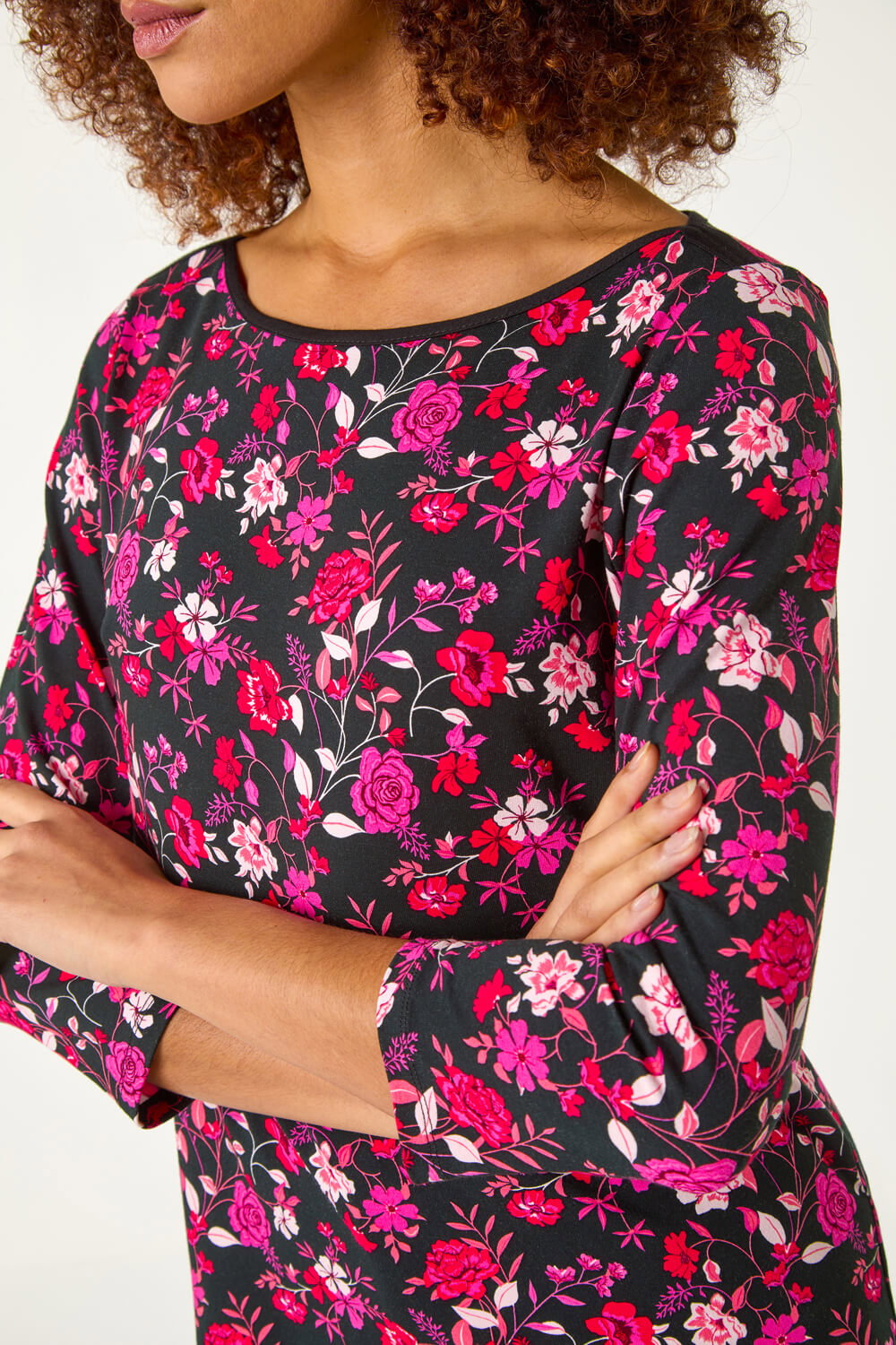 PINK Floral Print Contrast Trim Top, Image 6 of 5