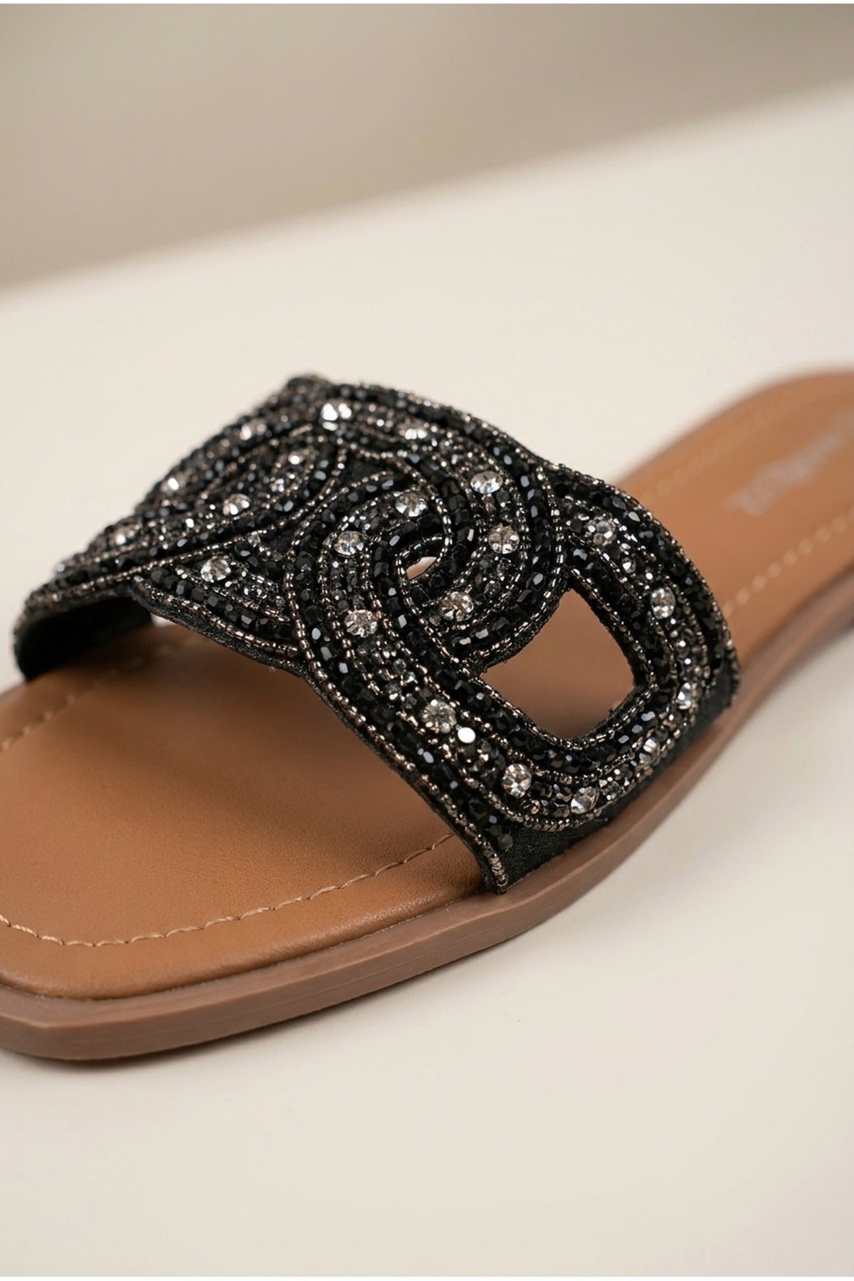 Black Maud Embellished Woven Knot Flat Sliders, Image 3 of 5