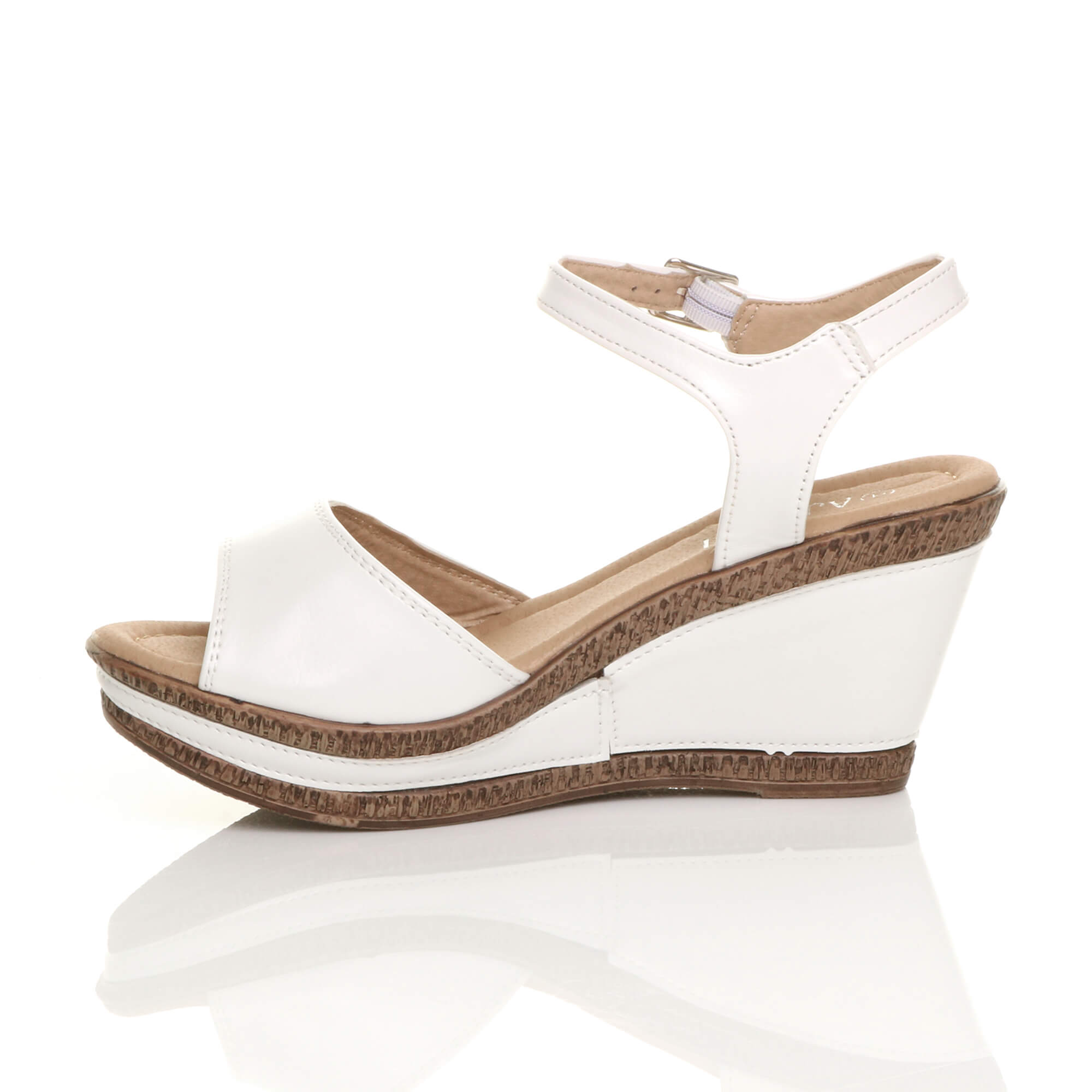 White AJVANI White High Wedge Heels Ankle Strap Cork Sandals, Image 3 of 6